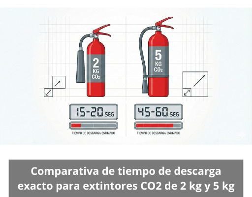 Comparativa de tiempo de descarga exacto para extintores CO2 de 2 kg y 5 kg. Análisis técnico completo sobre el rendimiento real y el comportamiento operativo.