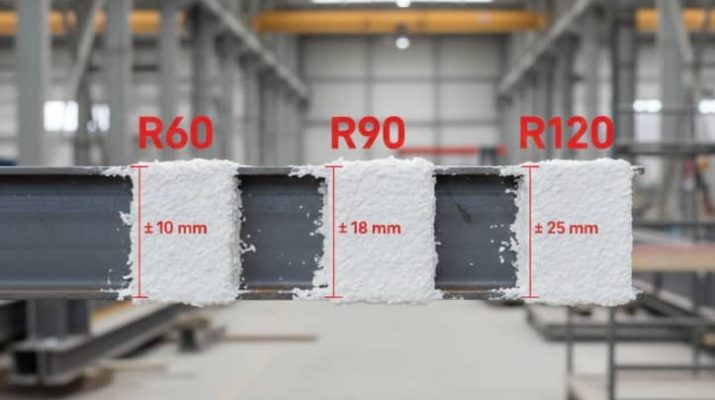 ¿Qué espesor necesita PERLIFOC HP para conseguir R60, R90 o R120 en acero?